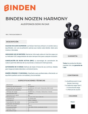 Audífonos In-Ear Binden Harmony inalámbricos