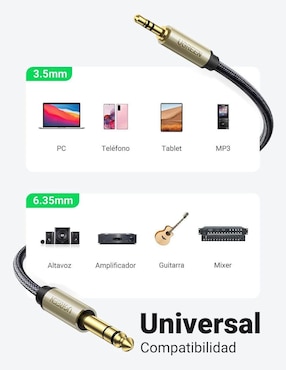 Cable auxiliar 3.5 mm Ugreen a tipo auxiliar 6.35 mm de 1 m