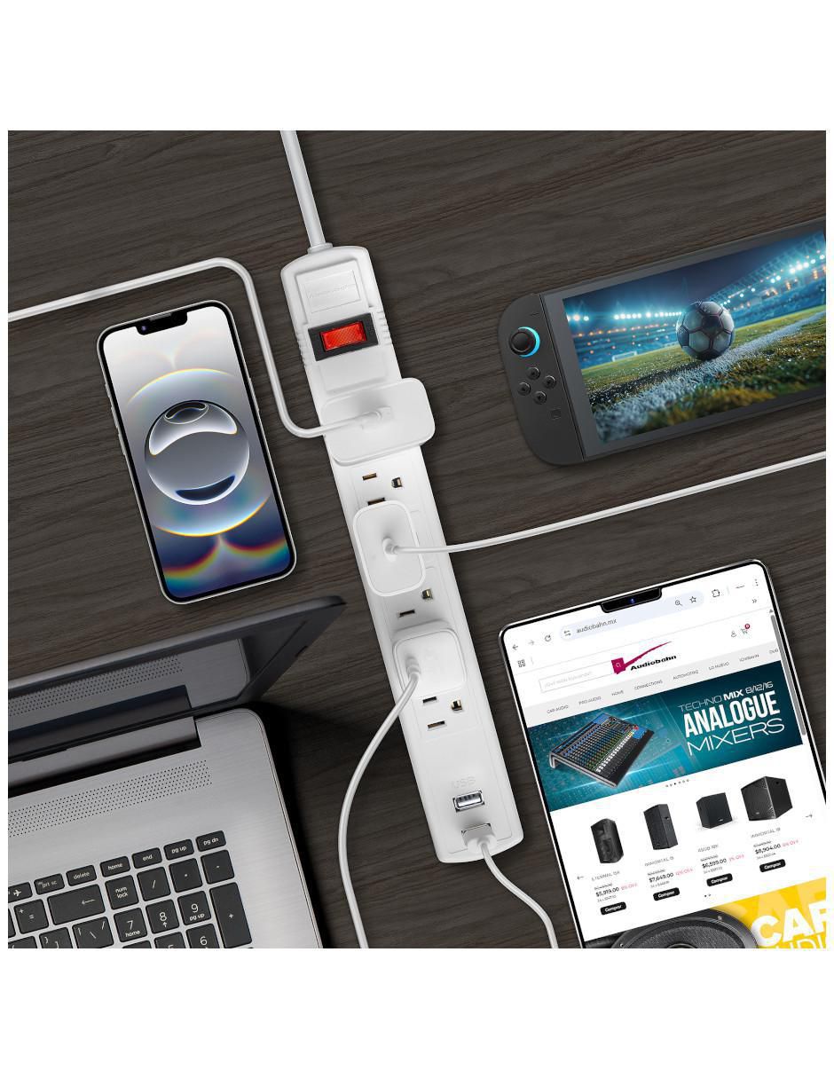 Multicontacto abm906 de 6 contactos 2 puertos USB y 1 puerto USB C 3