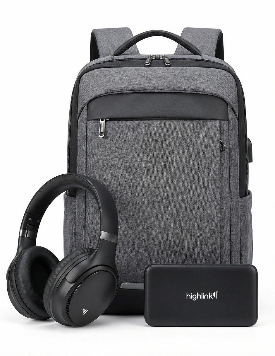 Set de audífonos Linkpro, Backpack y Powerbank inalámbrico con cancelación de ruido